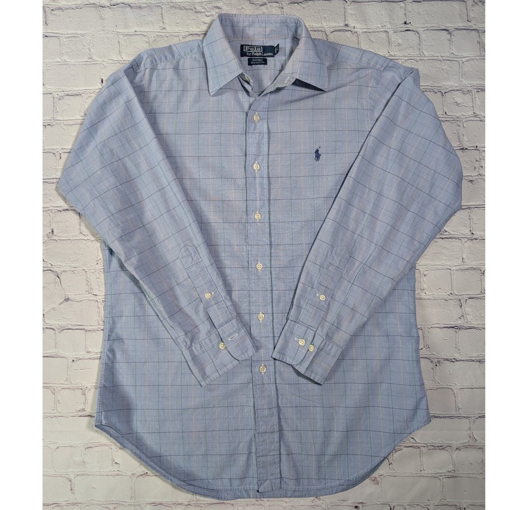 Polo Ralph Lauren Andrew Shirt Mens 16.5 32/33 Cotton Blue Plaid Button Down